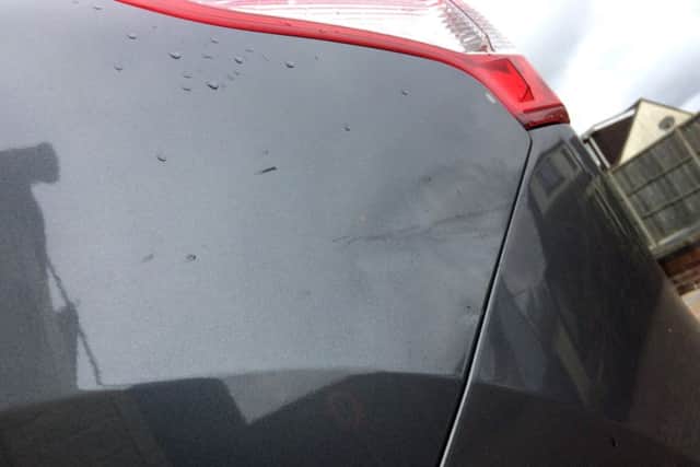 The damage to Michael and Roslyn Parsons' car after Roxanne Vines crashed into it