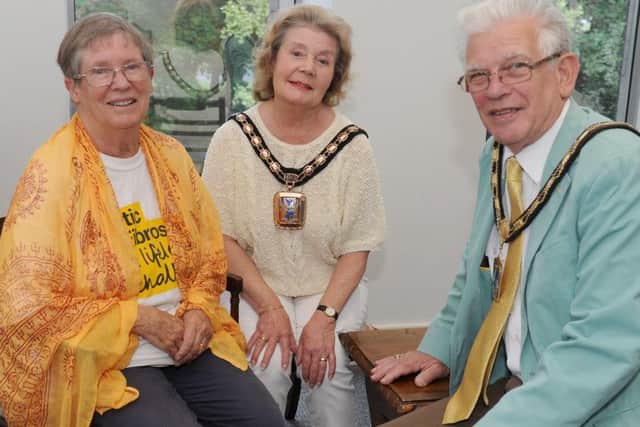 Sue Kruk of the CF Trust (left) with Mayor of Havant Cllr Elaine Shimbart and her consort, Gerald Shimbart    Picture: Sarah Standing (170830-4045)