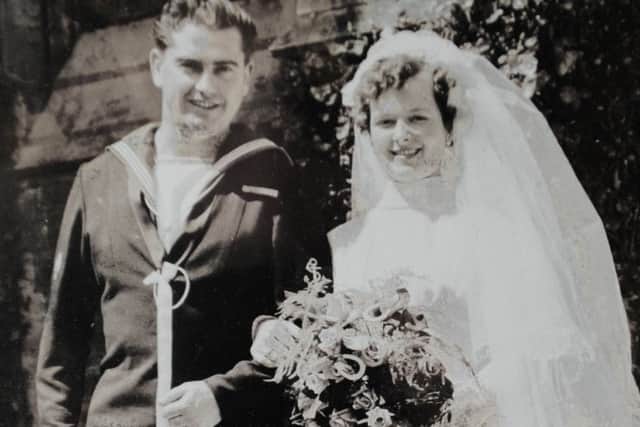 The happy couple on their wedding day in 1957, at Ranmore Church, Sheffield