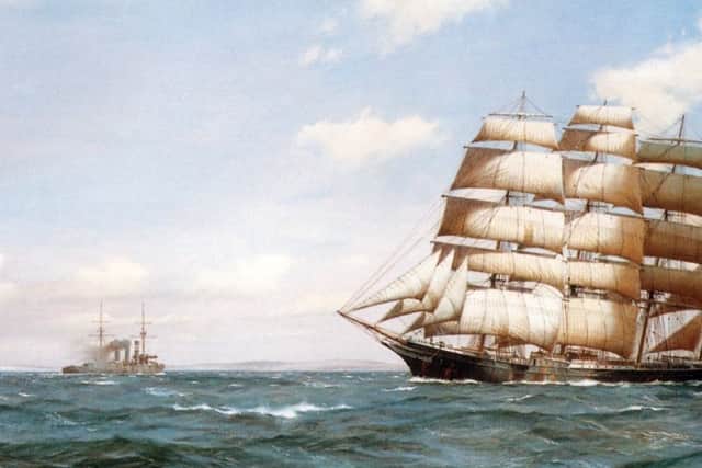 A magnificent painting (not a photograph) showing a merchantman lowering her flag as a courtesy to a passing warship in the Solent.