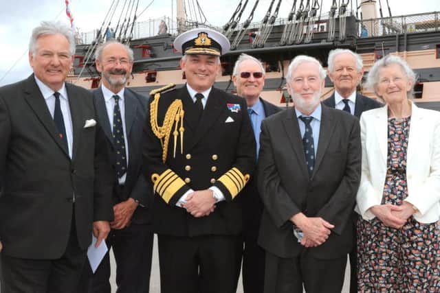 Admiral Sir Kenneth Eaton, the First Sea Lord, Admiral Sir Philip Jones KCB ADC and Chairman of the National Museum, Former 1st Sea Lord Admiral Sir Jonathon Band and members from the donating charities.