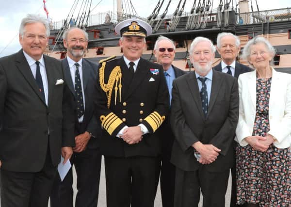 Admiral Sir Kenneth Eaton, the First Sea Lord, Admiral Sir Philip Jones KCB ADC and Chairman of the National Museum, Former 1st Sea Lord Admiral Sir Jonathon Band and members from the donating charities.