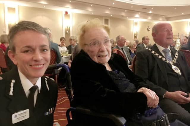 Gladys Howard Chief constable Olivia Pinkney and Gladys Howard, Portsmouth City Police's first woman inspector. She turned 100 on December 4, 2016. PPP-160512-150955001