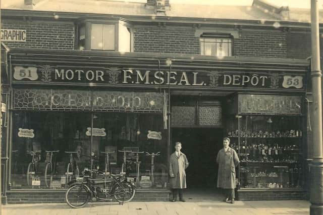 Pram tyre pressures geting a tad low? Then you need have looked no further than FM Seals cycle and motor accessories shop  back in what looks like the 1930s or 40s.