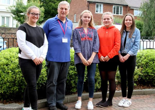 From left: Deputy Head Girl Annie Caddle (17) Andrew Lane, Leader of the local group of volunteers for Motor Neurone Disease Association, Head Girl Nancy Fenton (16), Deputy Head Girls Amy Sparkes, and Alice Lovegrove, both 17
Picture: Sally Tiller