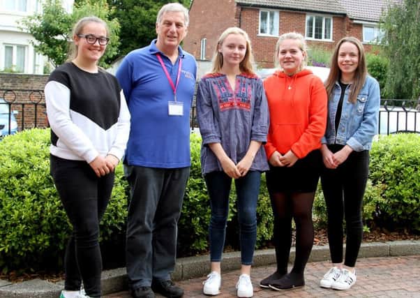 From left: Deputy Head Girl Annie Caddle (17)  Andrew Lane, Leader of the local group of volunteers for Motor Neurone Disease Association, Head Girl Nancy Fenton (16), Deputy Head Girls Amy Sparkes, and Alice Lovegrove, both 17
    Picture: Sally Tiller