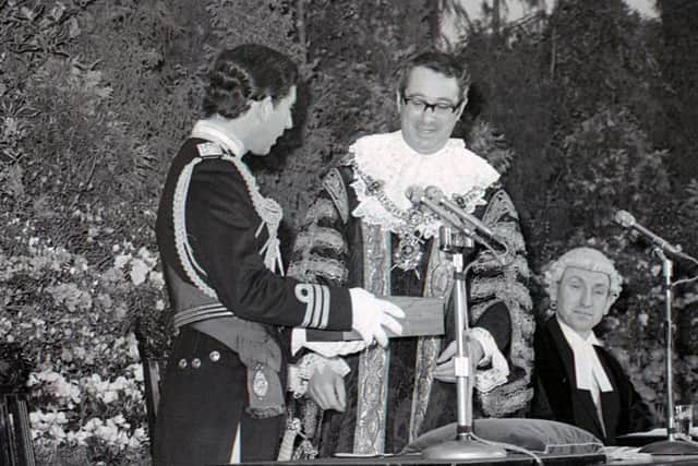 The Lord Mayor of Portsmouth Mr Richard Sotnick hands the Freedom Scroll to HRH Prince Charles in the Guildhall on  February 23, 1979