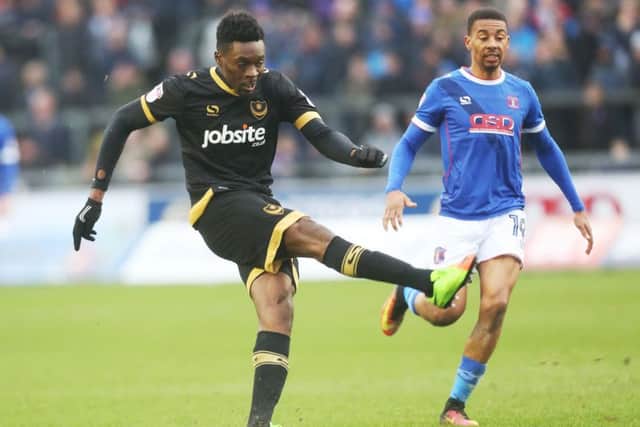 Amine Linganzi scores for Pompey at Carlisle. Picture: Joe Pepler