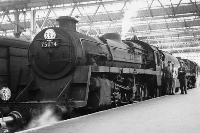 Train crews Pat Kinsella, Charlie Churchill, Peter (Jack) Ward and Alan Ackehurst circa 1965 at Waterloo after bringing a double-headed  boat train from Southampton Docks via Havant.