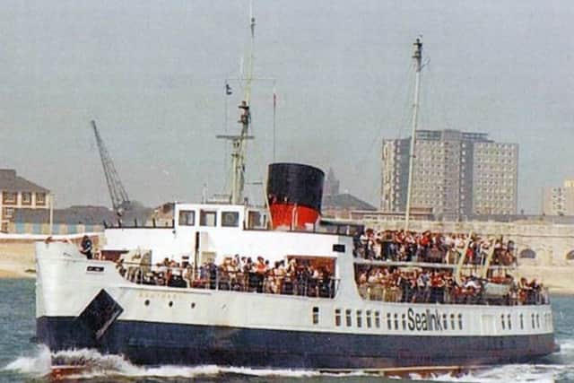 The MV Brading leaving Portsmouth Harbour for Ryde. Where the crew member is in blue shirt in the bows is where Mike was at the time of the collision.
