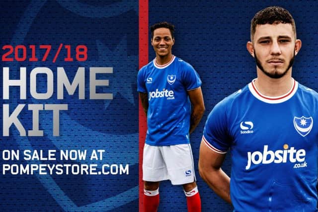 Conor Chaplin and Kyle Bennett show off the new Pompey home shirt