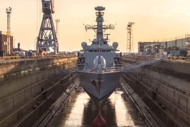 HMS St Albans sitting proudly in dry dock PHOTO: Royal Navy/YouTube