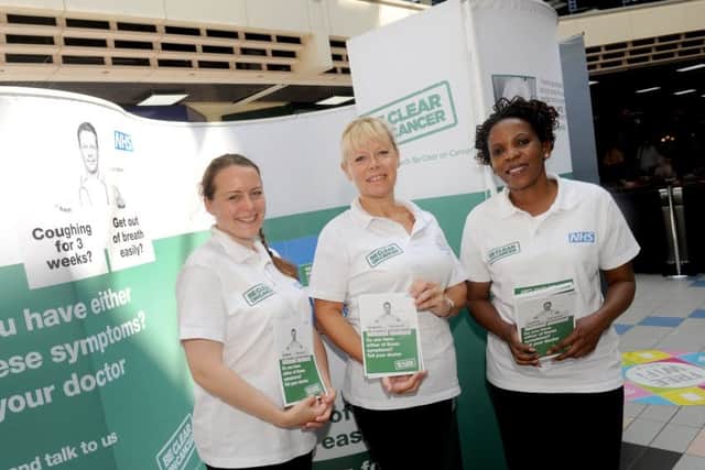 Public Health England (PHE) has launched a 'Be Clear on Cancer campaign. Pictured is: (l-r) Jenny Dell, campaign assistant, Louise Peters, event manager and Perpetua Mubariki, registered nurse.Picture: Sarah Standing (170880-4958)