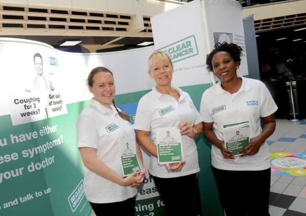 Public Health England (PHE) has launched a 'Be Clear on Cancer campaign. 
Pictured is: (l-r) Jenny Dell, campaign assistant, Louise Peters, event manager and Perpetua Mubariki, registered nurse.

Picture: Sarah Standing (170880-4958)