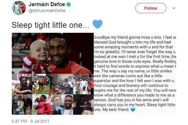 Screen grab image taken from the Twitter page of Jermain Defoe (@IAmJermainDefoe) of a message paying tribute to six-year-old mascot Bradley Lowery who died after bravely battling a rare childhood cancer. Picture: Jermain Defoe/PA
