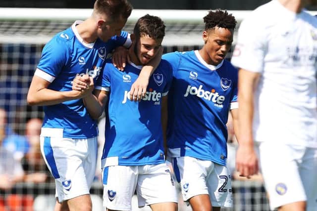 Conor Chaplin, centre, is congratulated by Adam May and Kyle Bennett at Westleigh Park Picture: Joe Pepler