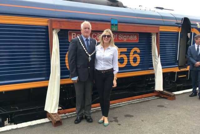Elise Brewerton with the Mayor of Swanage, Mike Bonfield, at Swanage Railway Station