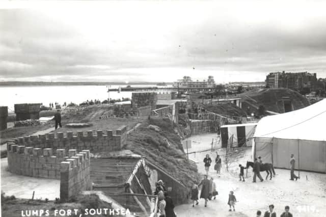 When I published this picture of a circus at Lumps Fort the other day I was not sure of the date.  It turns out it was 1949 because, as Ian Thirlwell points out in an e-mail, The Evening News of July 4 that year carried an advert for the Midget Town and Circus appearing at the fort.
Ian says: I have a particular interest in that a great uncle of mine, Robert Thirlwell, going by the show name of Bob Bernard, had an act there, Bobs Canine Stars. There is an archive at Sheffield University, the National Fairground and Circus Archive, which holds a copy of the programme for the Lumps Fort event, though there is no date on the programme. 
The event was presented by Derek Roy, entertainer and entertainment producer in Southsea. The Midget Town was operated, if thats the right word, by an American, John Lester. He had a travelling company of midgets that went around the world.
Interestingly, the following year, 1950, a troupe called Burton Lesters Midgets appeared at the Theatre Royal. Burton was Johns so