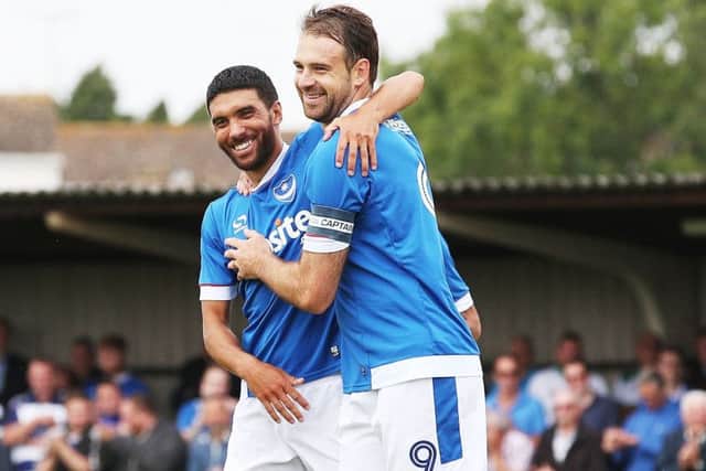 Danny Rose and Brett Pitman celebrate. Picture: Joe Pepler