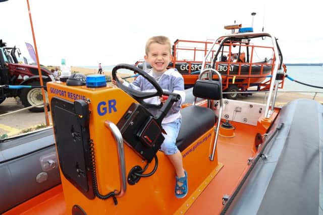 Noah Simpson, three, 3 on a Cams Cutter life raft
Picture: Habibur Rahman (170901-813)