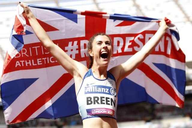 Olivia Breen celebrates winning gold in the women's long jump T38 final during day four of the 2017 World Para Athletics Championships at London Stadium