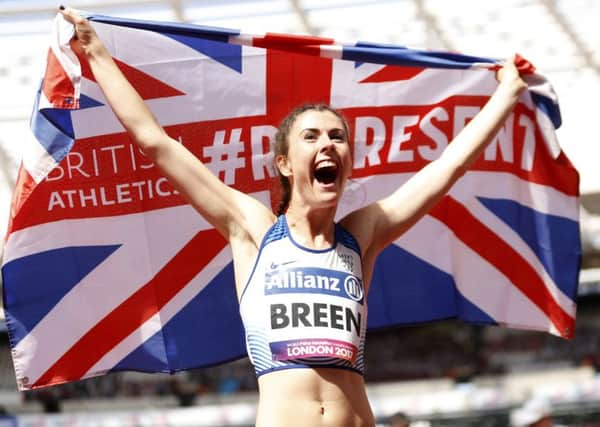 Olivia Breen celebrates winning gold in the women's long jump T38 final during day four of the 2017 World Para Athletics Championships at London Stadium