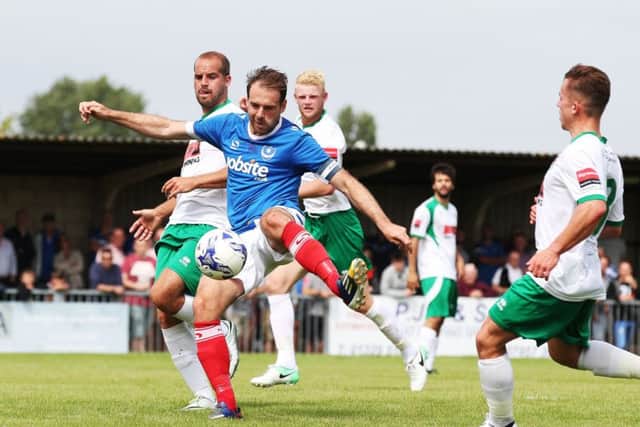 Brett Pitman scored twice on his Pompey debut against Bognor Picture: Joe Pepler
