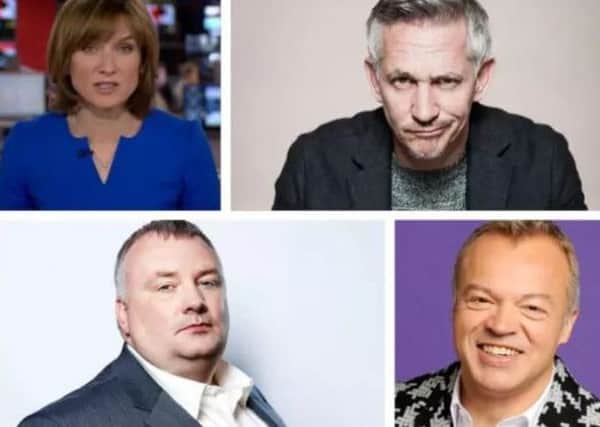 BBC PRESENTERS - from top left, clockwise, journalist Fiona Bruce, talk show host, Graham Norton, Match of the Day presenter, Gary Lineker and Northern Ireland broadcaster, Stephen Nolan.