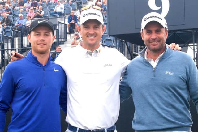 Harry Ellis, left, with Justin Rose and Richard Bland, right, during the final day of Open practice. Picture: Andrew Griffin