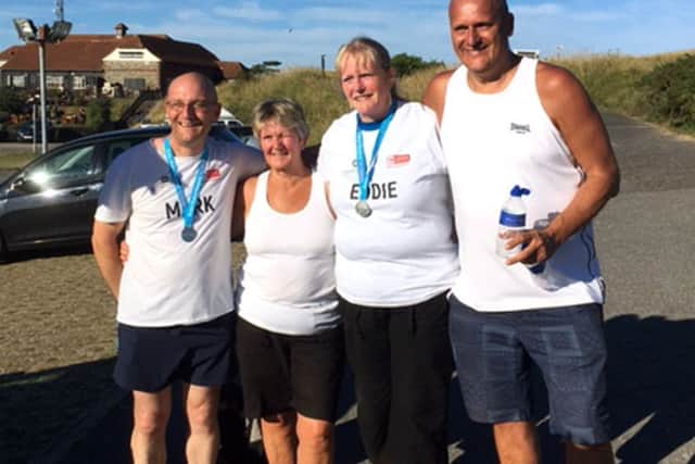 L-R: Mark Baulch, Jilly Russell, Eddie Bell and Mark Smithard completed the last eight miles of theTrek the Night challenge. From: Peter Denton.