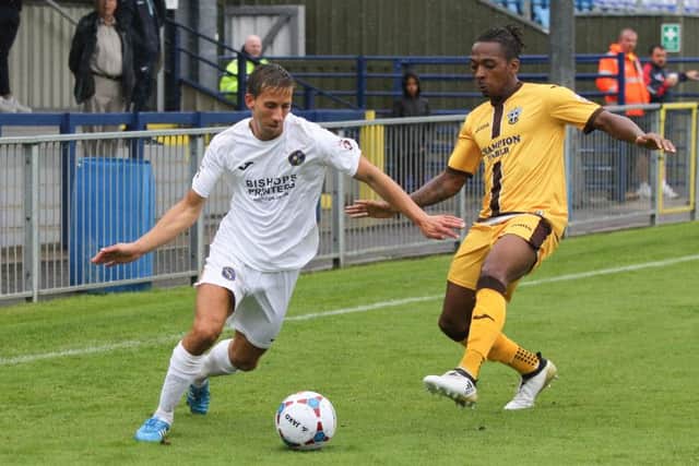 Wes Fogden takes on the Sutton opposition at Westleigh Park. Picture: Habibur Rahman