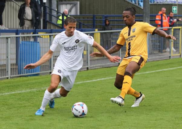Wes Fogden takes on the Sutton opposition at Westleigh Park. Picture: Habibur Rahman