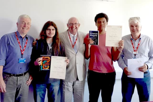 (left to right) Ken Boulby (Physic Teacher), Peter McKnight, Steve Frampton MBE, Michael Hirst and Adam Turner (Chemistry Teacher and Head of Science)