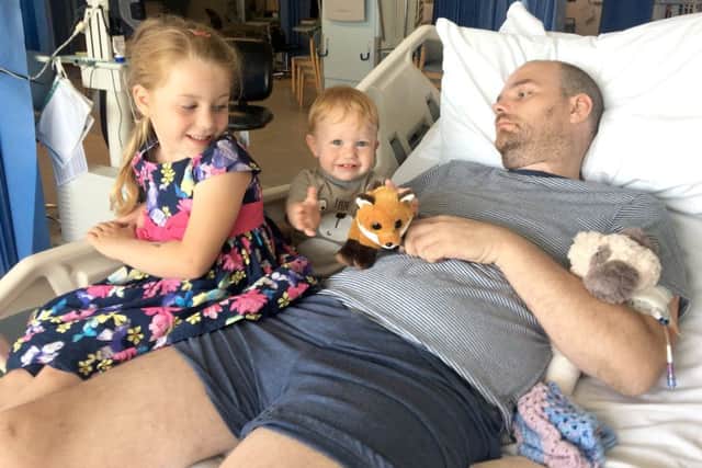 Damon Beard, from Titchfield, in QA Hospital after contracting Guillain-BarrÃ© Syndrome. The 37-year-old had to learn to walk again.