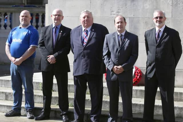 Present at the wrewath-laying ceremony were, from left: .
JJ Marshallsay, Gareth Lewis, Cllr Frank Jonas, Organiser Bob Beech and Chris Pennycook Pictures: Habibur Rahman