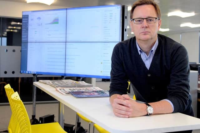 Date: 16th December 2015. Picture James Hardisty.Ashley Highfield, chief executive of Johnston Press, visiting Yorkshire Post Newspapers, Leeds. YPN-151216-122835060