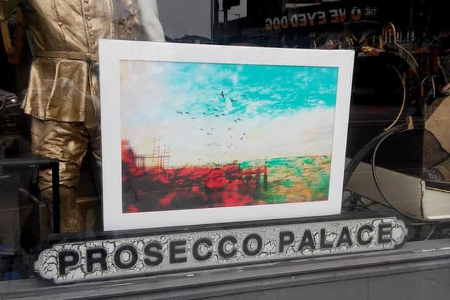 One of Timothy's pieces in the window of South Coast Emporium on the corner of Elm Grove and Victoria Road North, Southsea