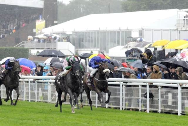 The brollies are everywhere during Wednesday's Sussex Stakes / Picture by Malcolm Wells