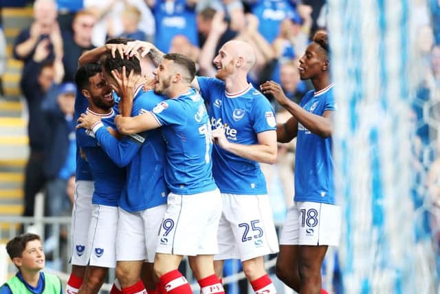 Portsmouth's Brett Pitmann celebrates scoring his first goal against Rochdale. Picture: Joe Pepler/Digital South.