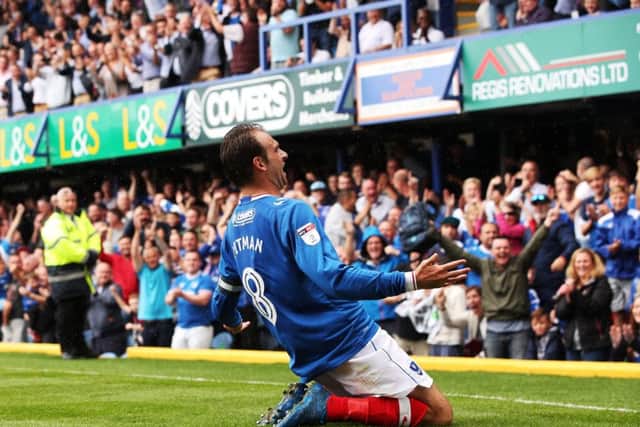 Pompey's Brett Pitman celebrates scoring his second goal against Rochdale at Fratton Park. Picture: Joe Pepler/Digital South