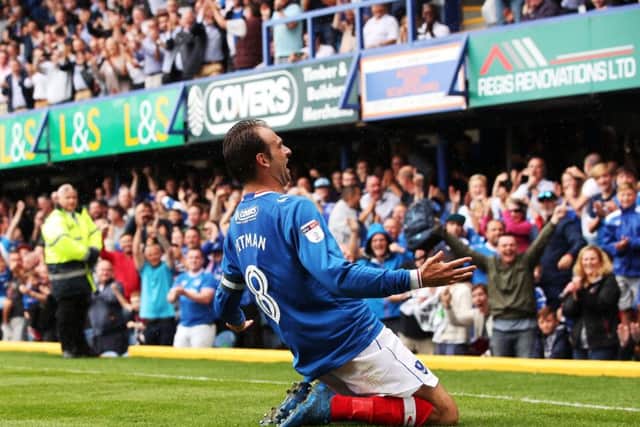 Brett Pitman celebrates scoring his second goal
 Photo by Joe Pepler/Digital South.