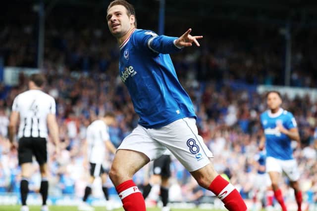 Brett Pitman celebrates his first Pompey goal. Picture: Joe Pepler