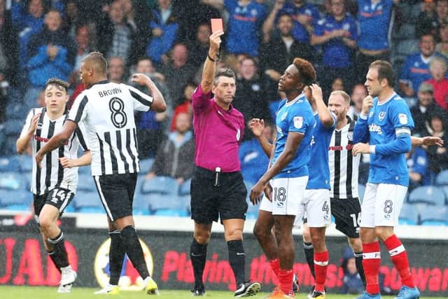 Jamal Lowe is sent off against Rochdale. Picture: Joe Pepler