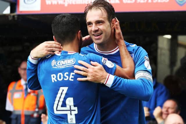 Brett Pitman celebrates scoring against Rochdale with Danny Rose Picture: Joe Pepler