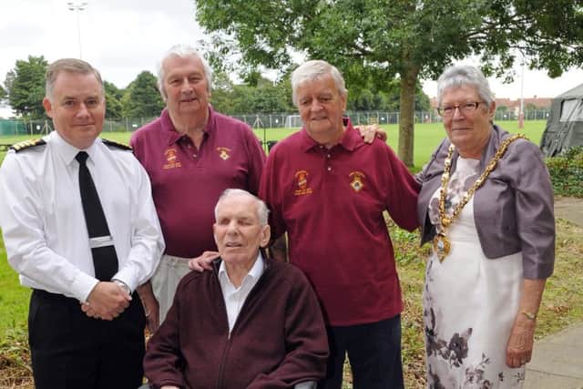 Captain Peter Towell OBE, Commanding Officer of HMS Sultan with Arnold Thompson, 82, from Horndean, Brian Lang, 78, and The Mayor of Gosport Cllr. Linda Batty, along with (foreground) Billy Miller, 92. Billy and Brian have been involved in every event since its inception Picture: Malcolm Wells (170807-6827)