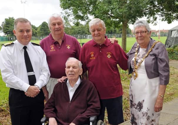 Captain Peter Towell OBE, Commanding Officer of HMS Sultan with Arnold Thompson, 82, from Horndean, Brian Lang, 78, and The Mayor of Gosport Cllr. Linda Batty, along with (foreground) Billy Miller, 92. 
Billy and Brian have been involved in every event since its inception 

Picture: Malcolm Wells (170807-6827)