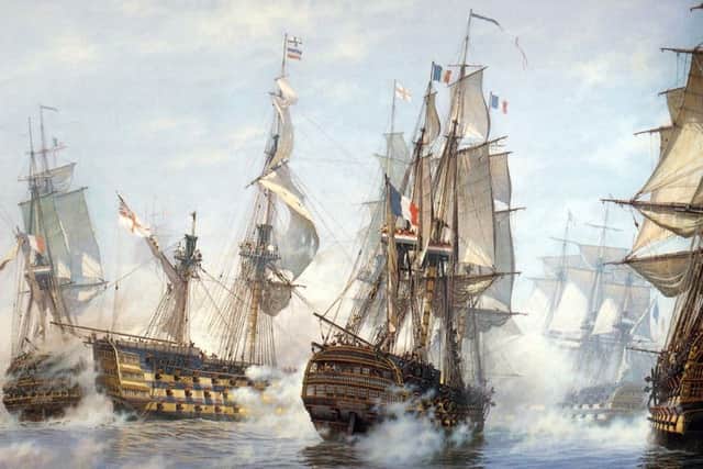 HMS Victory, left of centre, with the French Redoutable, far left, and Neptune, centre, receiving a broadside from Nelsons flagship.