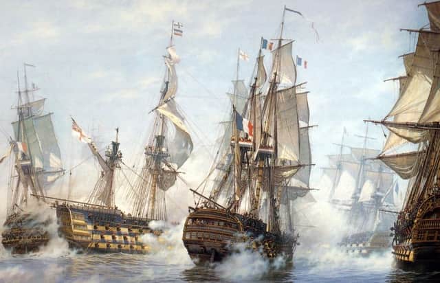 HMS Victory, left of centre, with the French Redoutable, far left, and Neptune, centre, receiving a broadside from Nelsons flagship.
