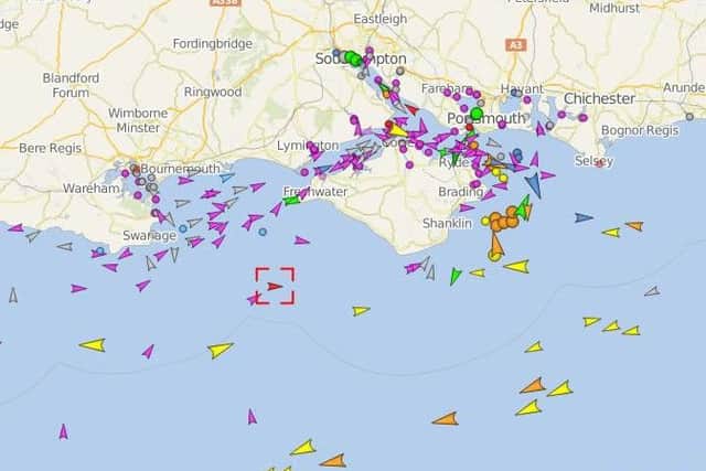 Image of HMS Queen Elizabeth, highlighted in red, on her way to Portsmouth. Photo: www.vesselfinder.com