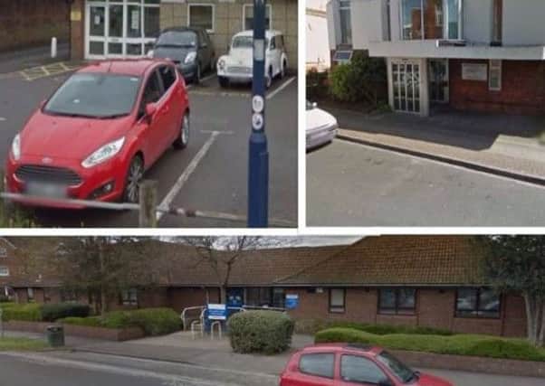 Clockwise from top left: Cowplain Village Practice, Queens Road Surgery in Portsmouth and Lee-on-the-Solent Medical Centre. Pictures: Google Maps